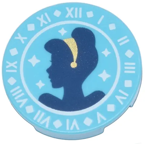 Medium Azure Tile, Round 2 x 2 with Bottom Stud Holder with Dark Blue Cinderella Silhouette, Gold Ha