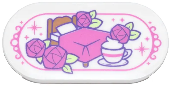 White Tile, Round 2 x 4 Oval with Dark Pink Bed, Roses, Sparkles and Striped Tea Cup Pattern