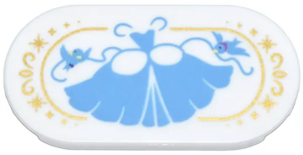 White Tile, Round 2 x 4 Oval with Medium Blue Ball Gown, Birds, and Ribbons, Gold Border and Sparkle