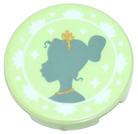 Yellowish Green Tile, Round 2 x 2 with Bottom Stud Holder with Sand Green Tiana Silhouette, Gold Tia