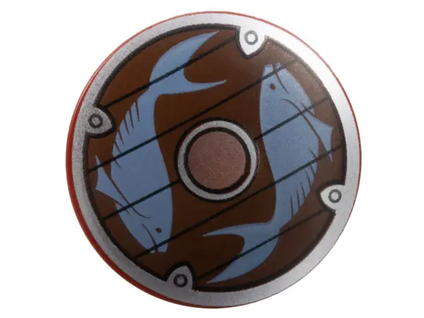 Dark Red Minifigure, Shield Circular / Round Convex Face with Silver Border, Copper Center, and Sand