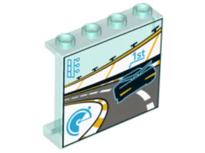 Trans-Light Blue Panel 1 x 4 x 3 with Side Supports - Hollow Studs with Race Car on Track and '1st' 