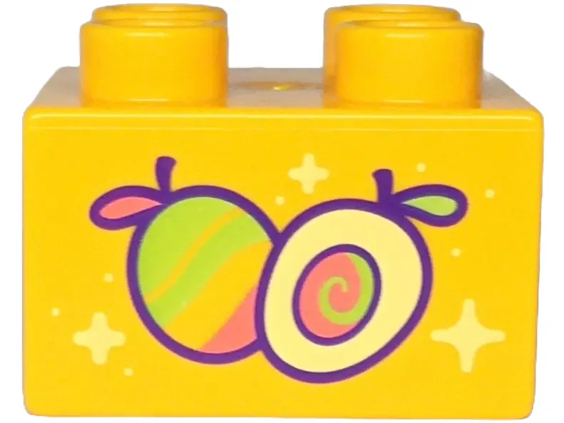 Bright Light Orange Duplo, Brick 2 x 2 with Lime, Coral and Bright Light Yellow Mangoes with Dark Pu