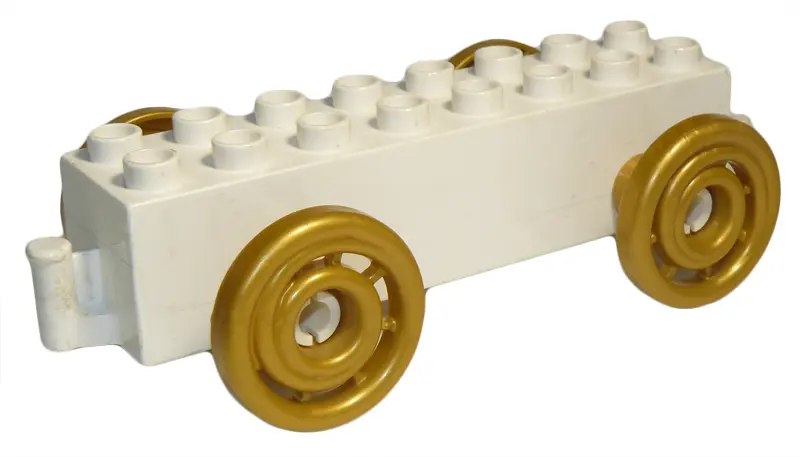 White Duplo Car Base 2 x 8 x 1 1/2 with Large Gold Spoked and Spiraled Wheels