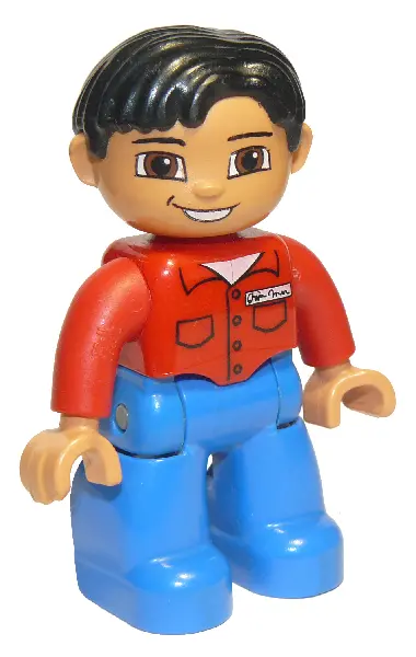 Duplo Figure Lego Ville, Male, Blue Legs, Red Shirt with Pockets and Name Tag, Black Hair, Brown Eye