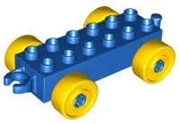 Blue Duplo Car Base 2 x 6 with Open Hitch End and Yellow Wheels