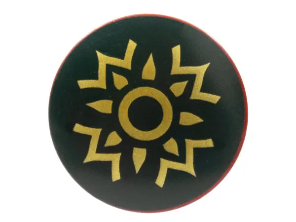Dark Red Minifigure, Shield Circular / Round Convex Face with Dark Green and Gold Rohan Pattern
