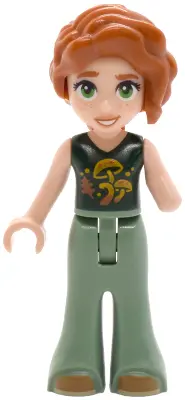 Autumn - Dark Green Top with Mushrooms, Sand Green Trousers Bell-Bottoms, Medium Nougat Shoes