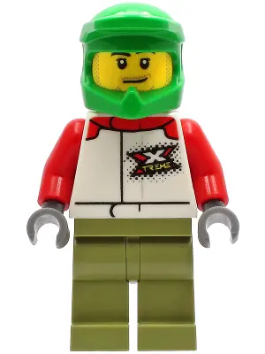 Wheelchair Athlete - Male, White and Red Racing Suit with 'XTREME' Logo, Olive Green Legs, Bright Gr