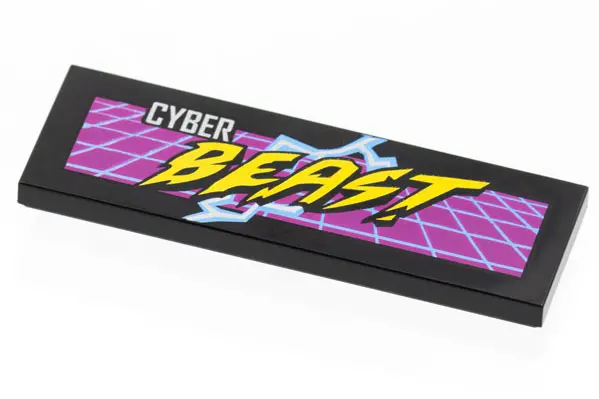 Black Tile 2 x 6 with Silver and Yellow 'CYBER BEAST' on Purple Grid, Bright Light Blue Lightning Pa