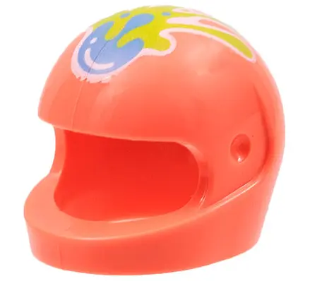 Coral Minifigure, Headgear Helmet Motorcycle (Standard) with Medium Blue and Lime Paint Splotches wi