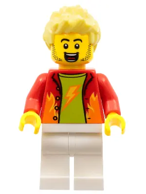 Dynamo Doug - Stuntz Announcer, Red Jacket over Lime Shirt, White Legs, Bright Light Yellow Spiked H