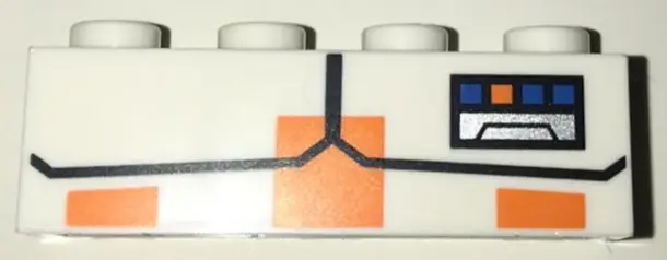 White Brick 1 x 4 with Black Angled Lines and Display with Blue and Orange Squares and Silver Rectan