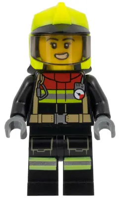 Fire - Female, Black Jacket and Legs with Reflective Stripes and Red Collar, Neon Yellow Fire Helmet