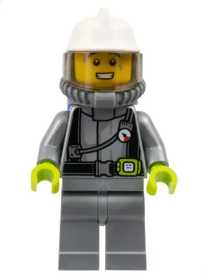 Fire - Male, Flat Silver Suit, White Fire Helmet, Trans-Brown Visor, Breathing Neck Gear with Blue A