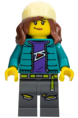 Fearless Fi - Stuntz Announcer, Dark Turquoise Jacket over Dark Purple Shirt, Dark Bluish Gray Legs,