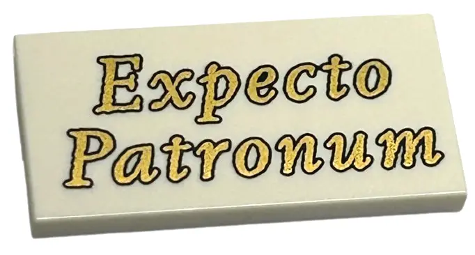 White Tile 2 x 4 with Gold 'Expecto Patronum' Pattern