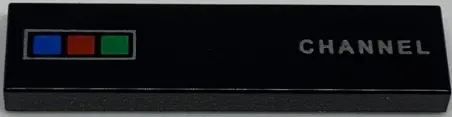 Black Tile 1 x 4 with Blue, Red and Green Buttons and 'CHANNEL' Pattern