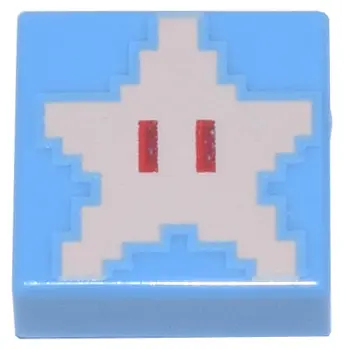 Medium Blue Tile 1 x 1 with Super Mario Pixelated Super Star Pattern