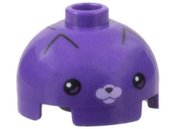 Dark Purple Brick, Round 2 x 2 Dome Top with Cat Face, Black Eyes, Nose, and Pointed Ear Outlines, L