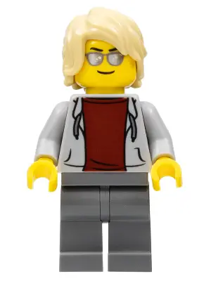 Sports Car Driver, Light Bluish Gray Hoodie with Dark Red Shirt, Tan Hair Swept Back Tousled