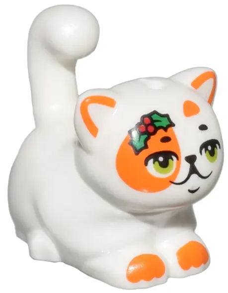 White Cat, Friends Style, Large, Sitting with Orange Markings, Lime Eyes, Green and Red Holly Patter