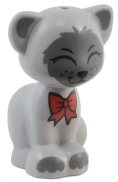 Light Bluish Gray Cat, Friends Style, Sitting with Red Bow, Black Nose and Closed Eyes, Dark Bluish 