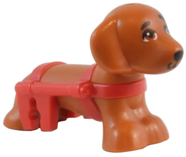 Dark Orange Dog, Friends Style, Dachshund with Molded Red Wheelchair Harness and Printed Eyes and Bl