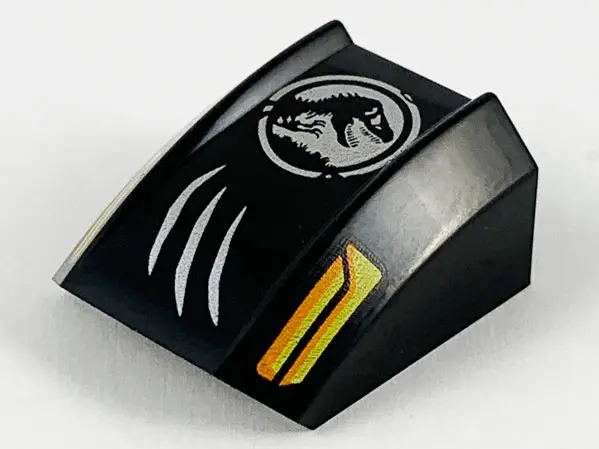 Black Slope, Curved 2 x 2 Lip with Orange and Yellow Headlights, Silver Scratches and Jurassic World