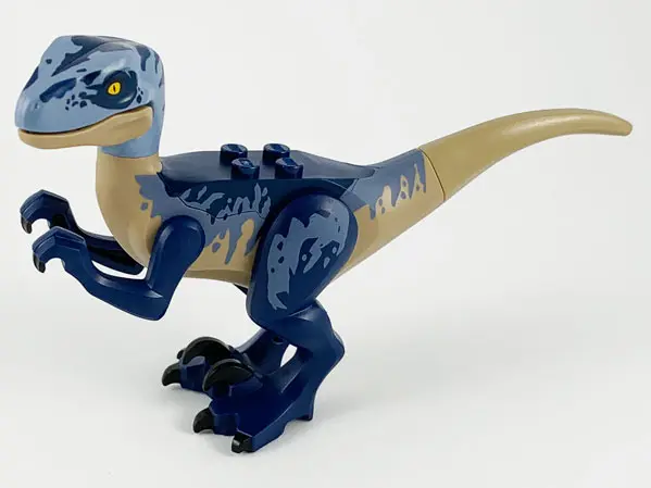 Dark Tan Dinosaur Raptor / Velociraptor with Dark Blue and Sand Blue Markings, Dark Blue Eye Patch