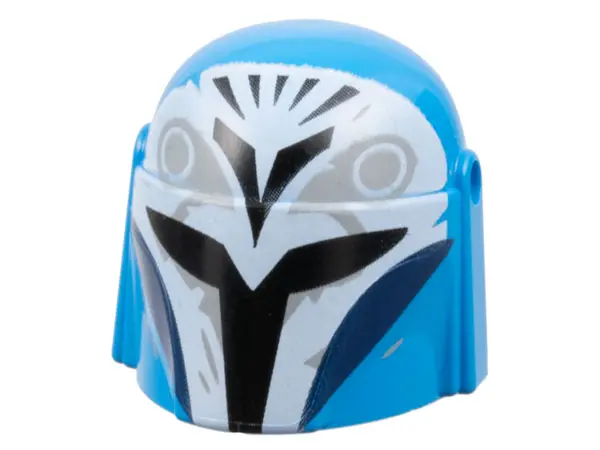 Dark Azure Minifigure, Headgear Helmet with Holes, SW Mandalorian with Black, White, Dark Tan and Da