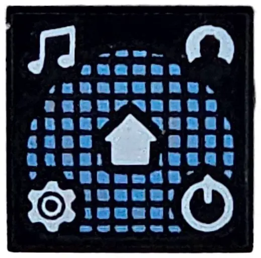 Black Tile 1 x 1 with White Music Notes, Minifigure Profile, Gear, Power Icon, and Home Button on Me