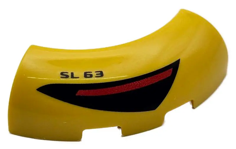 Yellow Brick, Round Corner 3 x 3 without Studs with Black and Red Taillight and 'SL 63' Pattern