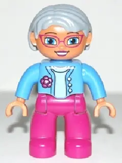 Duplo Figure Lego Ville, Female, Magenta Legs, Medium Blue Top with Flower, Light Bluish Gray Hair, 