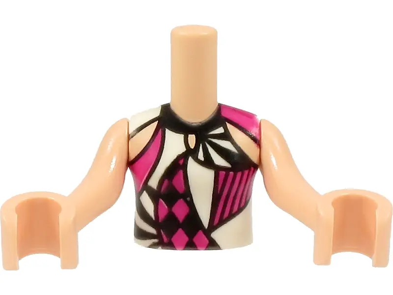 Light Nougat Torso Mini Doll Girl Black, Magenta and White Harlequin Shirt Pattern, Light Nougat Arm