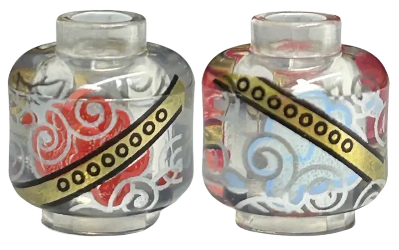 Trans-Clear Minifigure, Head without Face with Gold Bands with Hollow Circles, Silver Swirls, Red an