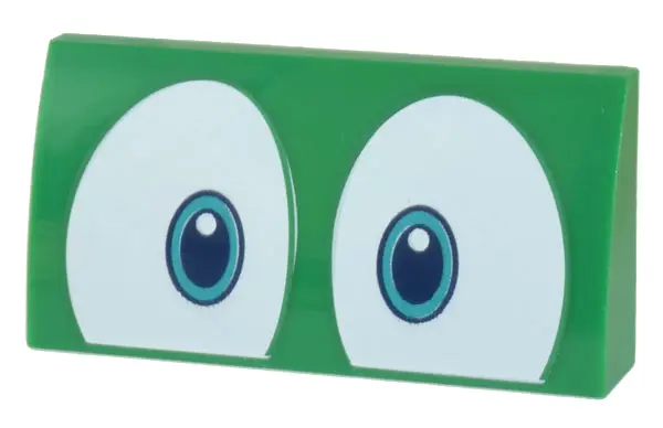 Green Slope, Curved 2 x 4 x 2/3 with Bottom Tubes with Dark Turquoise and Dark Blue Eyes on White Ba