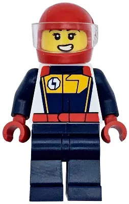Race Car Driver - Female, White, Dark Blue and Bright Light Orange Racing Suit, Dark Blue Legs, Red 