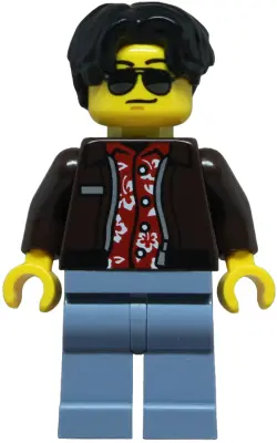 Sports Car Driver - Male, Dark Brown Jacket over Red Hawaiian Shirt, Sand Blue Legs, Black Hair Wavy