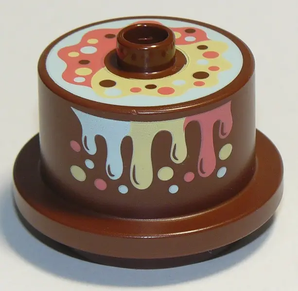 Reddish Brown Duplo Cake with Rainbow Topping and Frosting Pattern