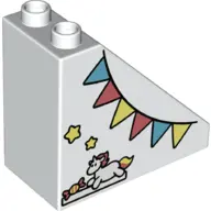 White Duplo, Brick 4 x 2 x 3 Slope with Flags, Stars, Candy and Unicorn Pattern