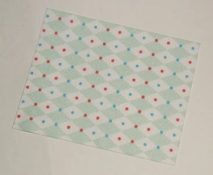 White Duplo, Cloth Blanket 8 x 10 cm with Red and Blue Dots on Light Aqua Diamonds Pattern