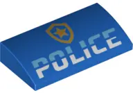 Blue Slope, Curved 2 x 4 x 2/3 with Bottom Tubes with Bright Light Blue and White 'POLICE', Gold Sta