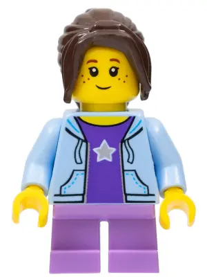 City Bus Passenger - Bright Light Blue Hoodie, Medium Lavender Short Legs, Dark Brown Hair Ponytail 