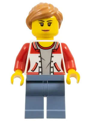 City Bus Passenger - Female Jacket Open with Number '8' on Back, Sand Blue Legs, Medium Nougat Hair 