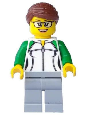 Newsstand Worker - Female, White and Green Sweatshirt with Zipper, Light Bluish Gray Legs, Reddish B