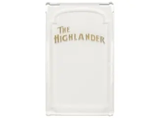 Trans-Clear Glass for Window 1 x 4 x 6 with 'THE HIGHLANDER' and White Decorative Border Pattern