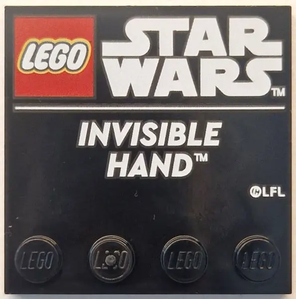 Black Tile, Modified 4 x 4 with Studs on Edge with LEGO Star Wars Logo and White 'INVISIBLE HAND' Pa