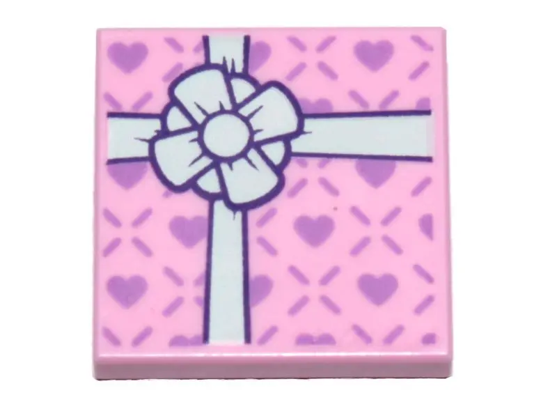 Bright Pink Tile, Modified 2 x 2 Inverted with Gift Wrap White Bow and Small Lavender Hearts Pattern
