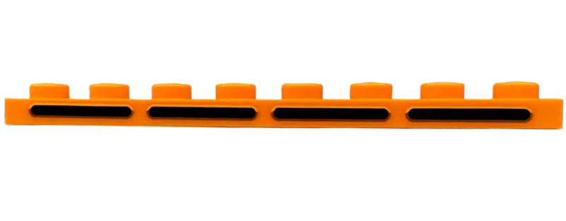 Orange Plate 1 x 8 with 4 Black Rounded Stripes with Bright Light Yellow and Dark Orange Outlines (A